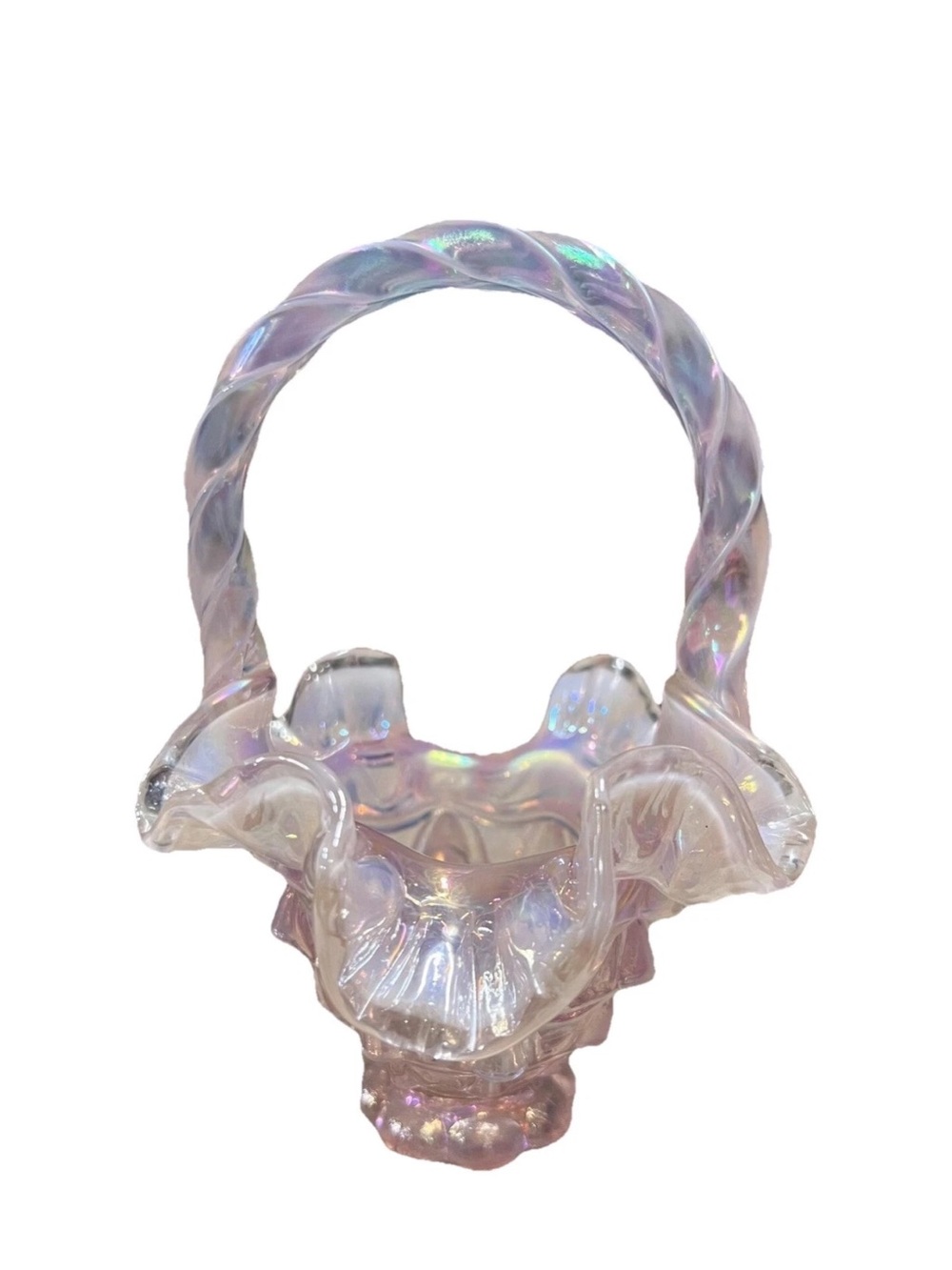 Vintage Beautiful Fenton Iridescent Pink Glass Handle Basket Ruffled Edge 6"